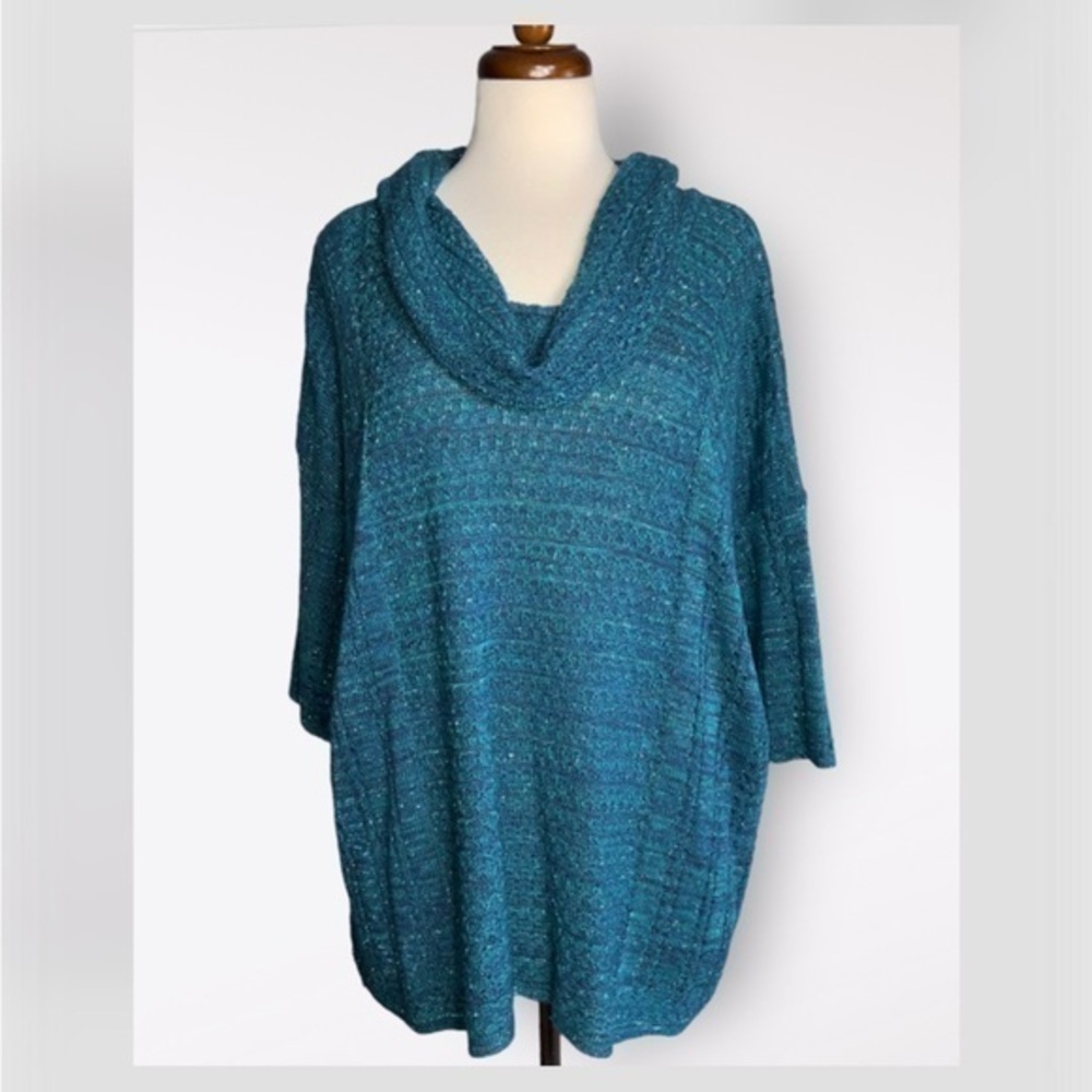 Catherines Teal Metallic Oversized Cowl Neck Open Ribbed Knit Sweater OXWP